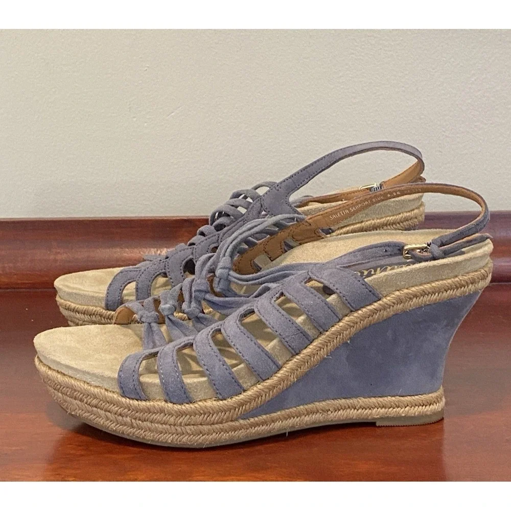 Earthics Saletta Seaport Blue Suede Leather Espadrille Wedge Size 6.5R KZ513